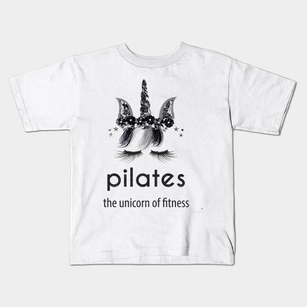 Pilates Unicorn of Fitness in Black White n Silver Kids T-Shirt by ClaudiaFlores